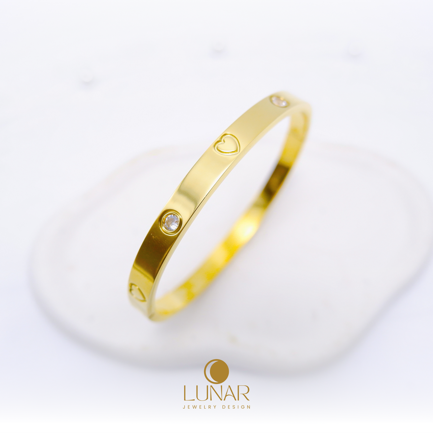 Lunar Heart-shaped bangle with rhinestones, High-quality stainless steel 18K gold