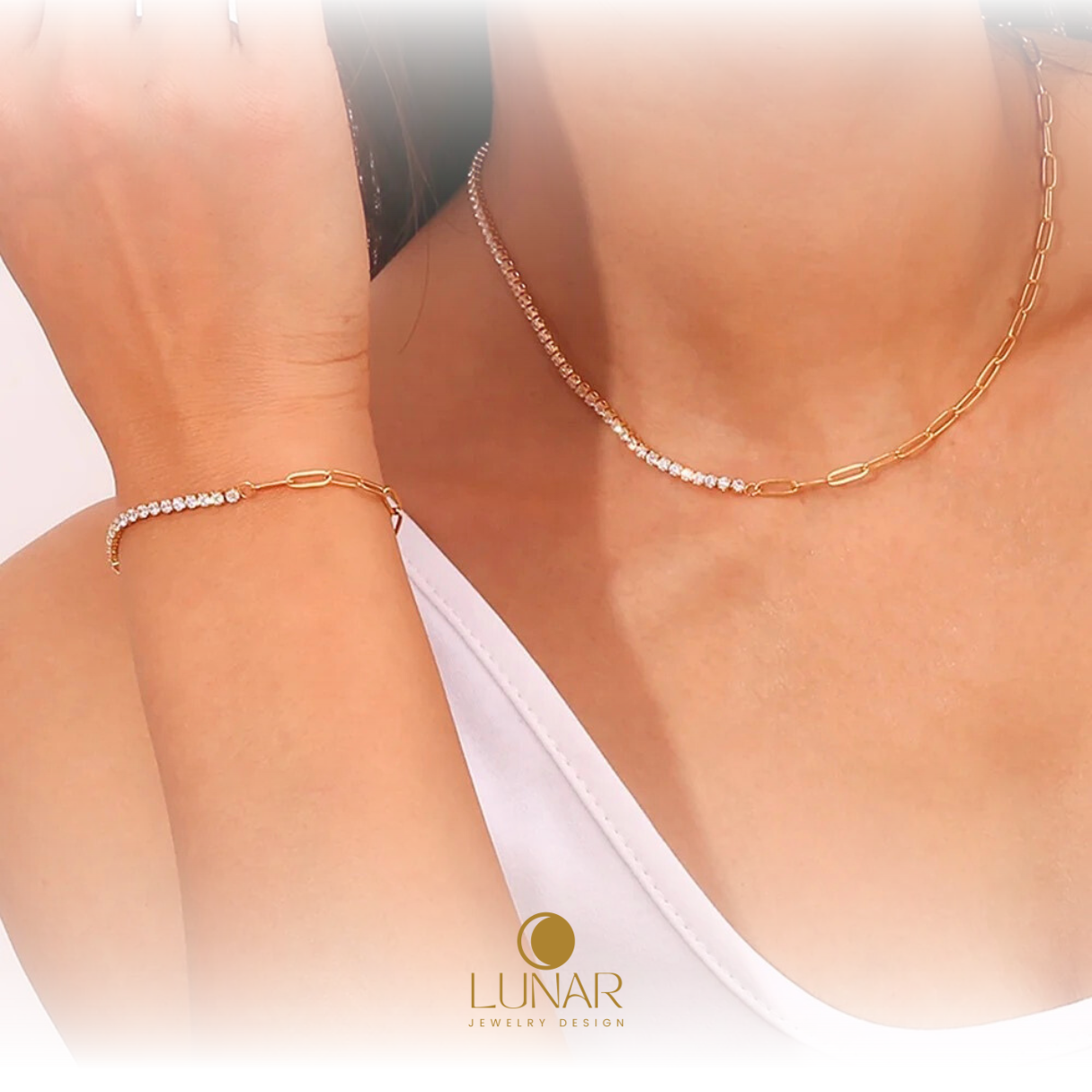 Lunar Minimalist Paper clip Chain Bracelet Stainless 18K with high quality CZ Tennis Chain link