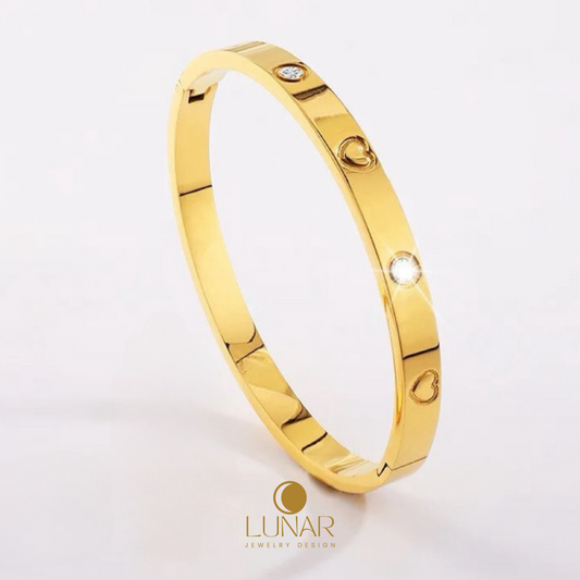 Lunar Heart-shaped bangle with rhinestones, High-quality stainless steel 18K gold